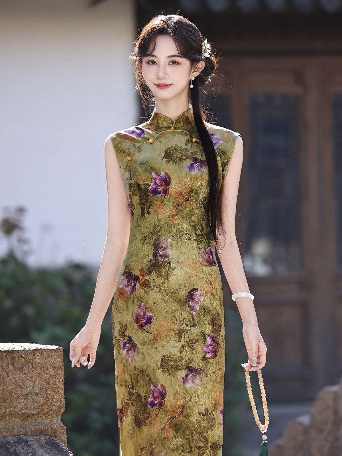 Sleeveless Floral Midi Cheongsam | Olive