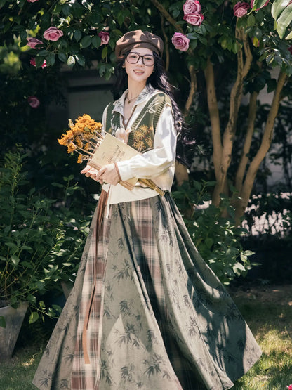New Chinese Garden Style Knit Vest Top and Skirt - Suihan 岁寒三友