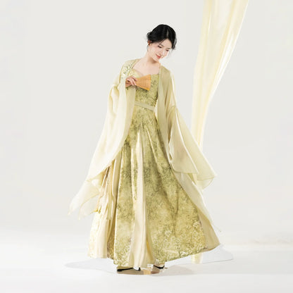New Chinese Style Women Gradient Embroidered Wide-Sleeve Cape & Pleated Slip Dress - Camellia Water 山茶煮水 (Preorder)
