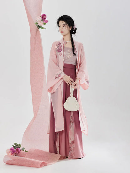 Song Dynasty Modern Hanfu Set with Changgan Temple Beizi and Three Pleat Skirt - Rose Letter 玫瑰来信 (Preorder)
