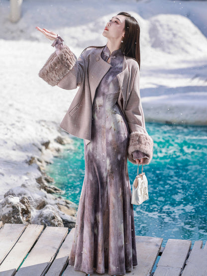 New Chinese Style Fitted Mermaid Cheongsam Dress and Outerwear with Detachable Fur Collar - Purple Mist 生紫烟 (Preorder)