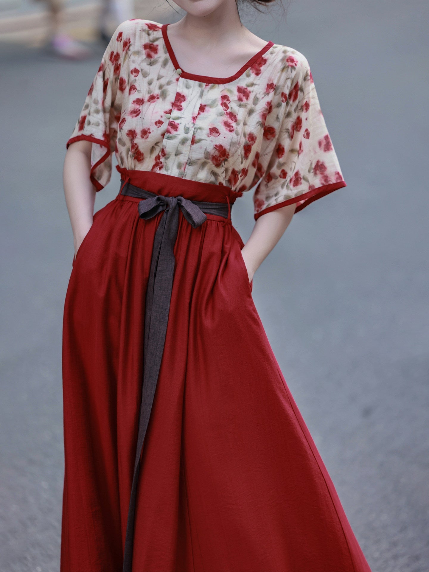 Tang Dynasty Modern Hanfu Beizi Top and Elastic Skirt - Rose Iced Tea 玫瑰冰茶 (Preorder)