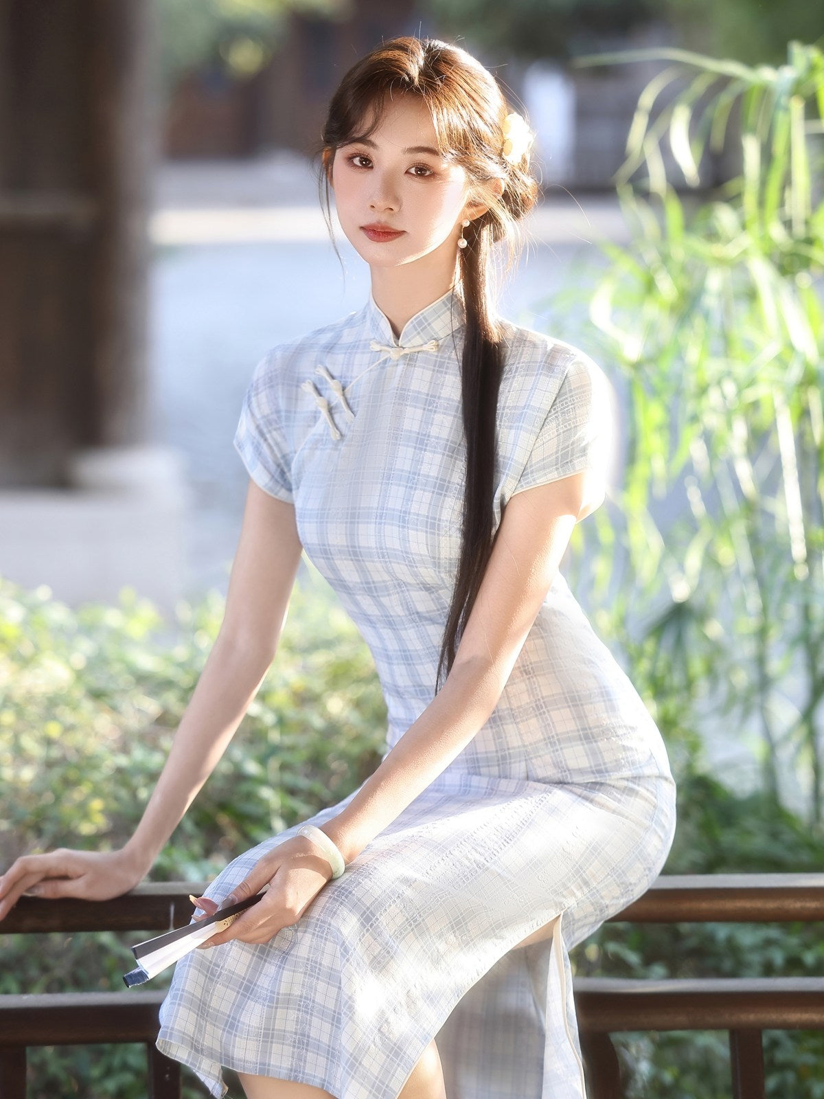 Short Sleeve Checkered Midi Cheongsam | Literature