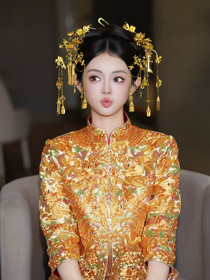 Sparkle - Chinese Bridal Hair Accessories Vintage Gold Tassel Flower Hairpins for Xiuhe and Dragon Phoenix Wedding Dress