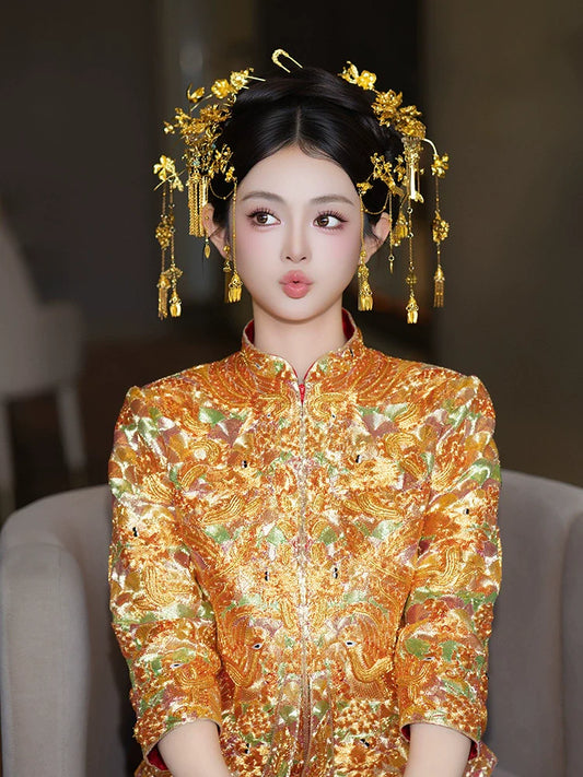 Sparkle - Chinese Bridal Hair Accessories Vintage Gold Tassel Flower Hairpins for Xiuhe and Dragon Phoenix Wedding Dress