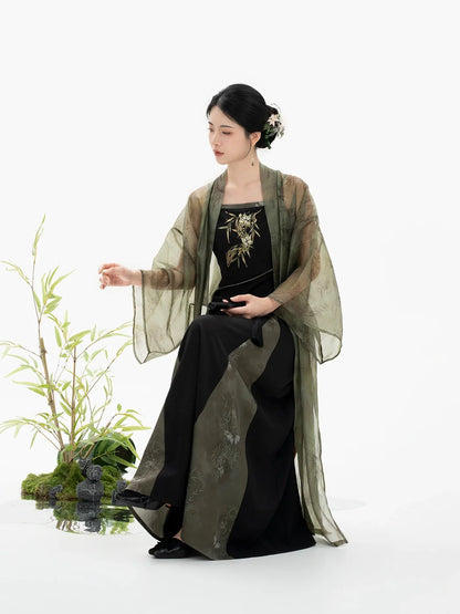 Song Dynasty Modern Hanfu Set with Changgan Temple Beizi and Three Pleat Slip Dress - Bamboo Shadow 竹影纱 (Preorder)