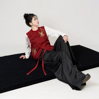 New Chinese Style Women Gold Thread Embroidered Vest, Top & Wide Leg Pants - Firefinch 火雀 (Preorder)