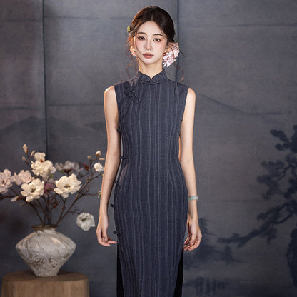 Short Sleeve Vertical Stripes Midi Cheongsam | Wenyi