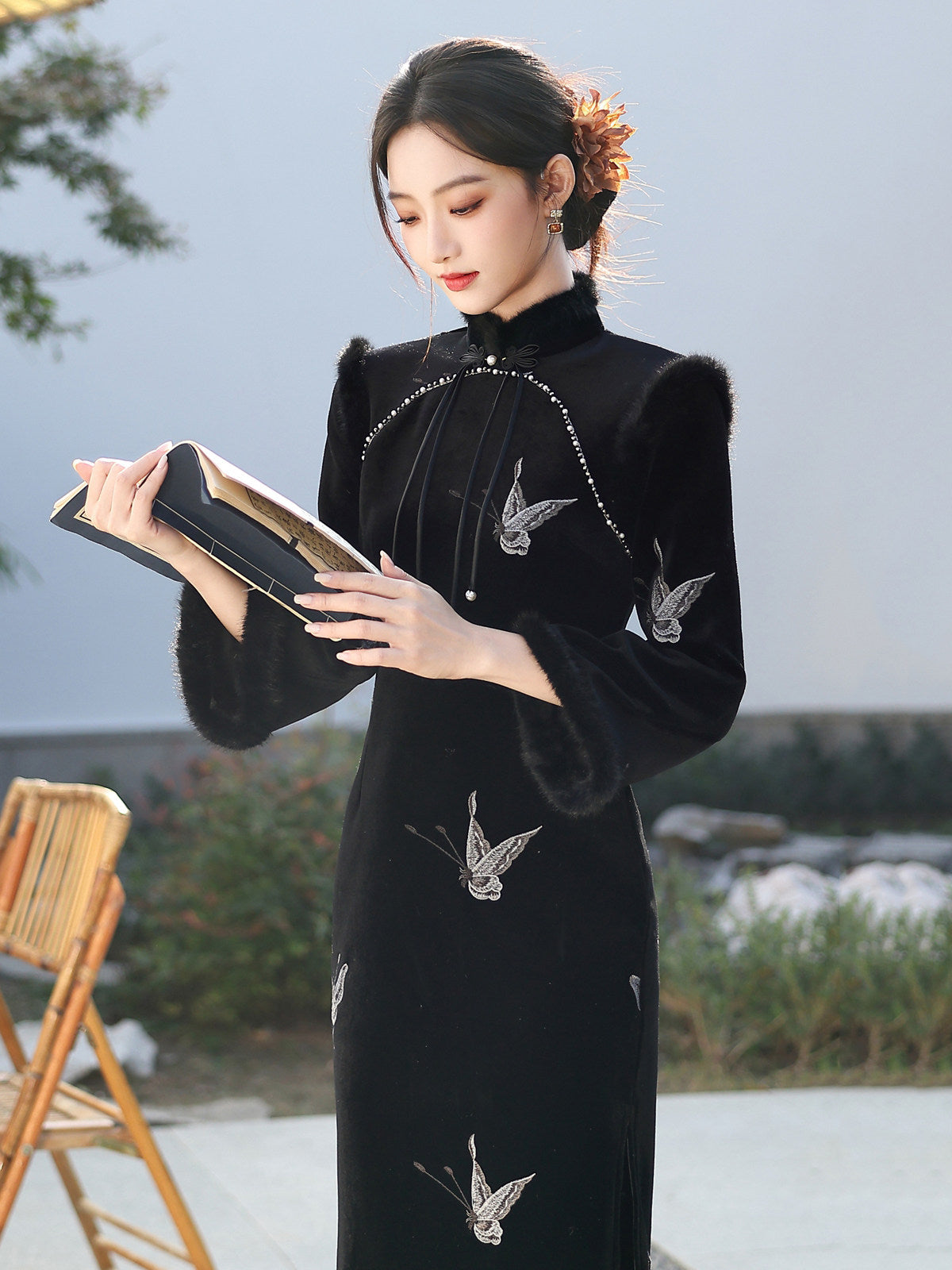 Long Sleeve Fur Trim Midi Qipao | Sliver Butterfly