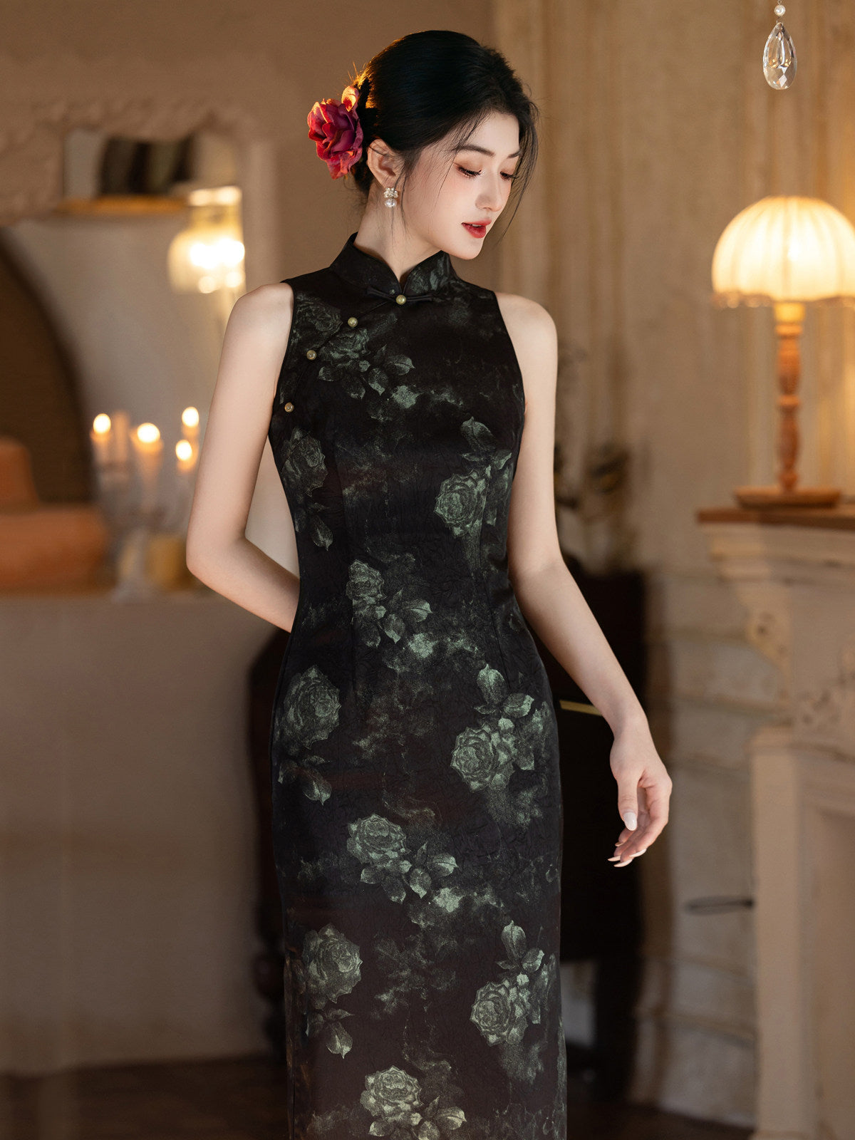 Sleeveless Floral Midi Cheongsam | Night Flowers