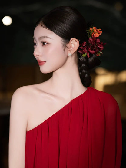 Scarlet Moon - Red Floral Bridal Hair Clips Retro Chinese Wedding Hair Accessories for Qipao and Cheongsam Dress