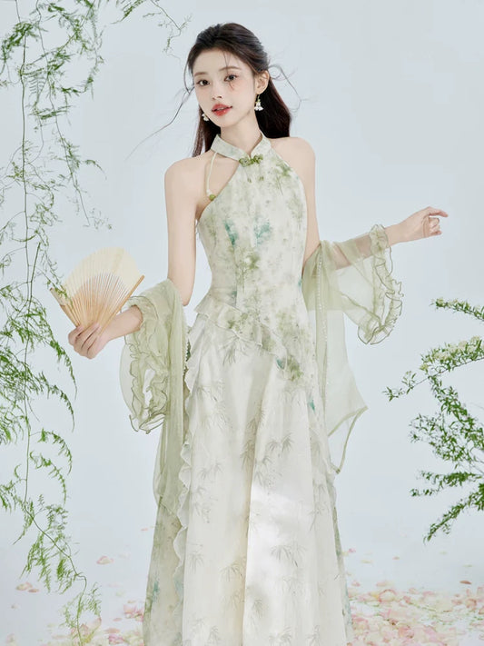 Cheongsam x modern hanfu Dancing Leaves outfit, front view