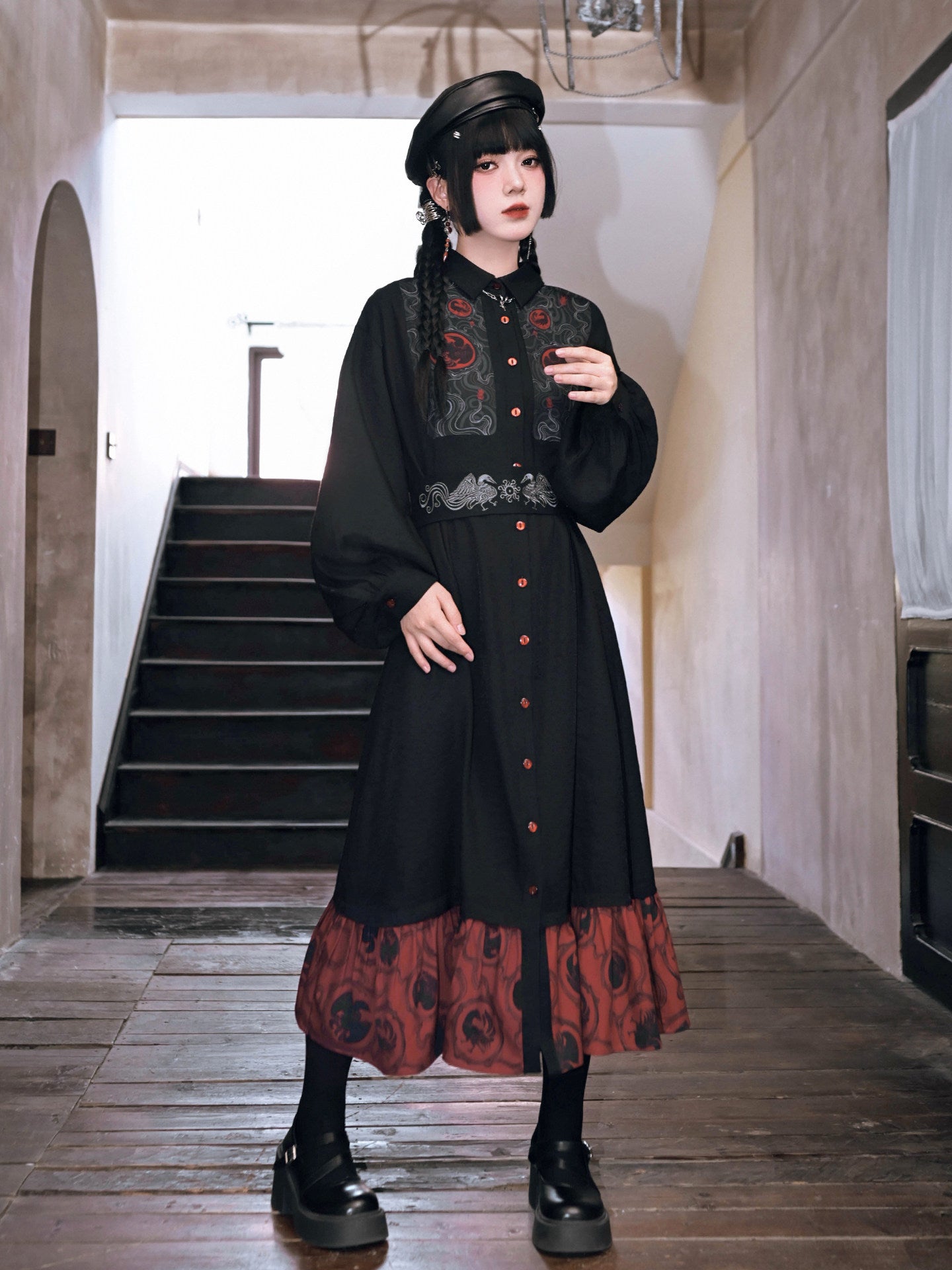 New Chinese Style Printed Dress with Embroidered Waist Seal - Golden Crow 金乌
