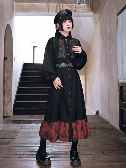 New Chinese Style Printed Dress with Embroidered Waist Seal - Golden Crow 金乌