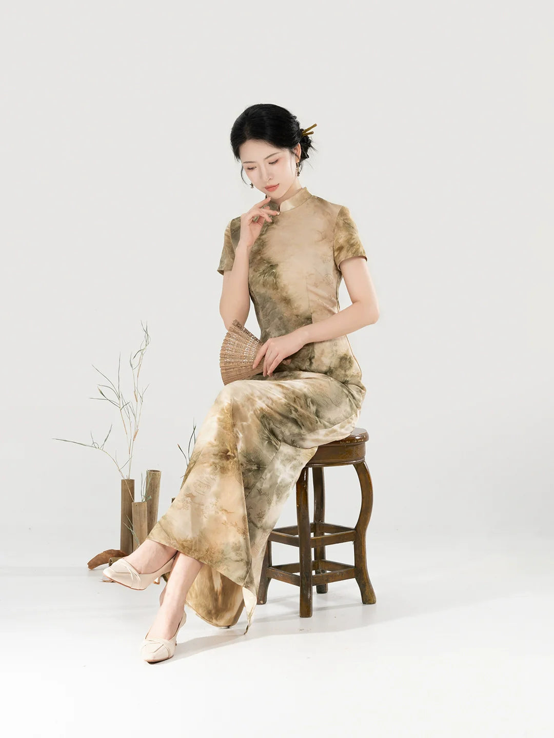 New Chinese Style Short Sleeve Qipao Jacquard Tie-Dye Summer Dress - Misty Green Hills 青山雾 (Preorder)