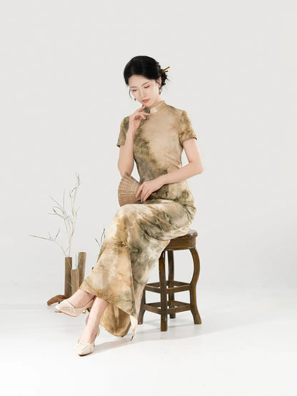 New Chinese Style Short Sleeve Qipao Jacquard Tie-Dye Summer Dress - Misty Green Hills 青山雾 (Preorder)