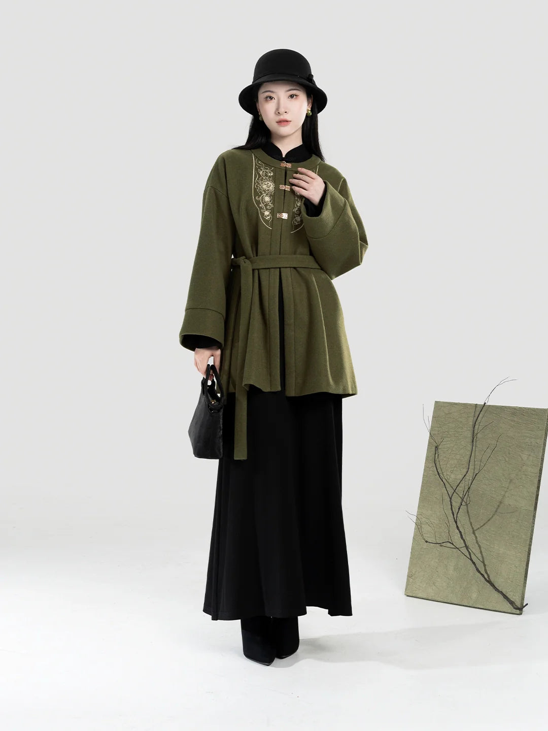 New Chinese Style Women A-Line Dress with Flared Sleeves - Moss Stone 苔石 (Preorder)