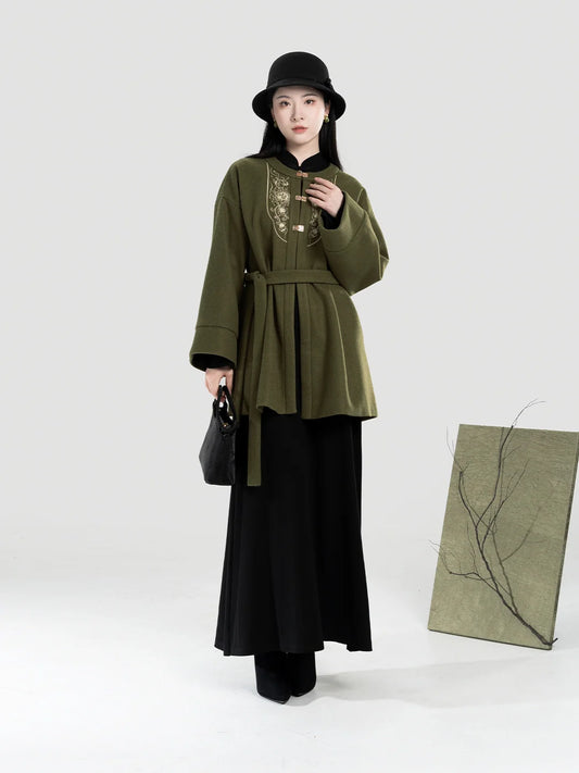 New Chinese Style Women A-Line Dress with Flared Sleeves - Moss Stone 苔石 (Preorder)