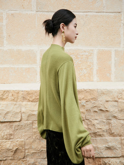 New Chinese Style Cashmere Blend Pipa Sleeve Knitted Sweater - Cangtai 苍苔