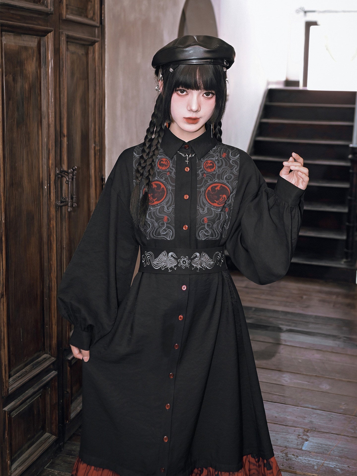 New Chinese Style Printed Dress with Embroidered Waist Seal - Golden Crow 金乌