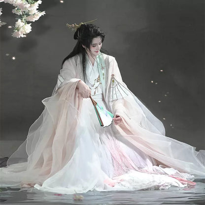 Peach Blossom Veil 桃花扇 - Pink and White Flowing Cross-Collar Hanfu Unisex Traditional Set (Preorder)