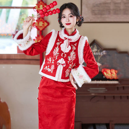 Long Sleeve Fur Trim Floral Qipao and Vest | Auspicious Luck