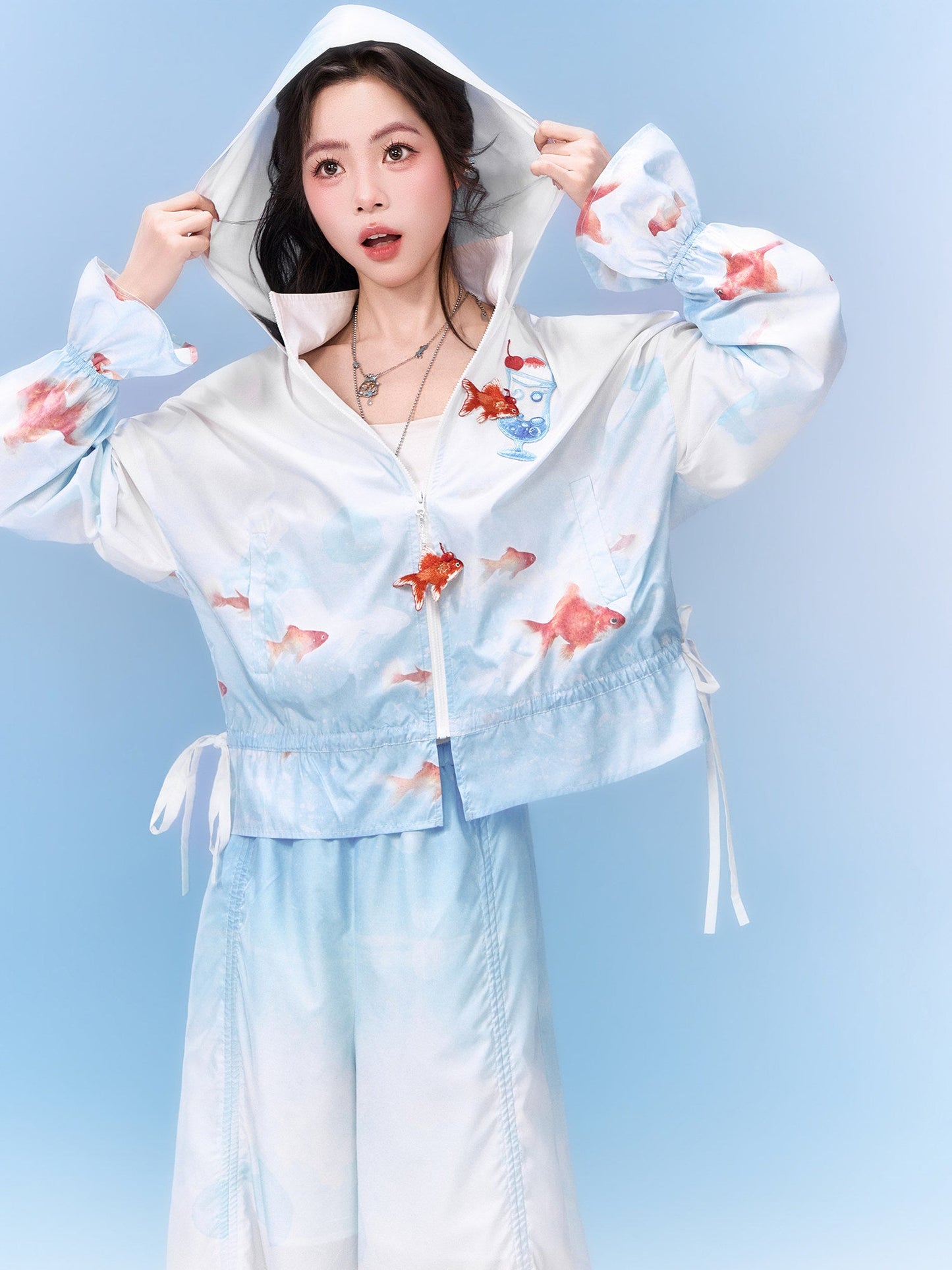 Neo-Chinese Goldfish Print Hooded Sun Jacket & Wide-Leg Pants 金鱼冰沙