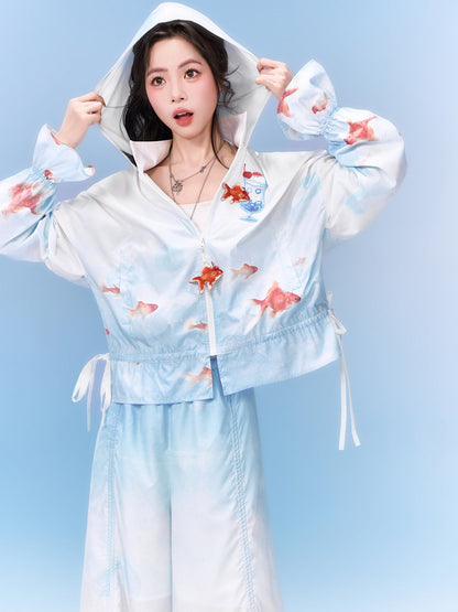 Neo-Chinese Goldfish Print Hooded Sun Jacket & Wide-Leg Pants 金鱼冰沙