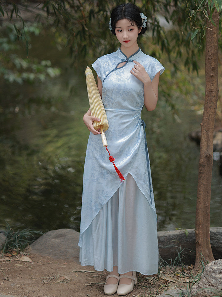 Short Sleeve A Line Long Cheongsam | Hanshuang