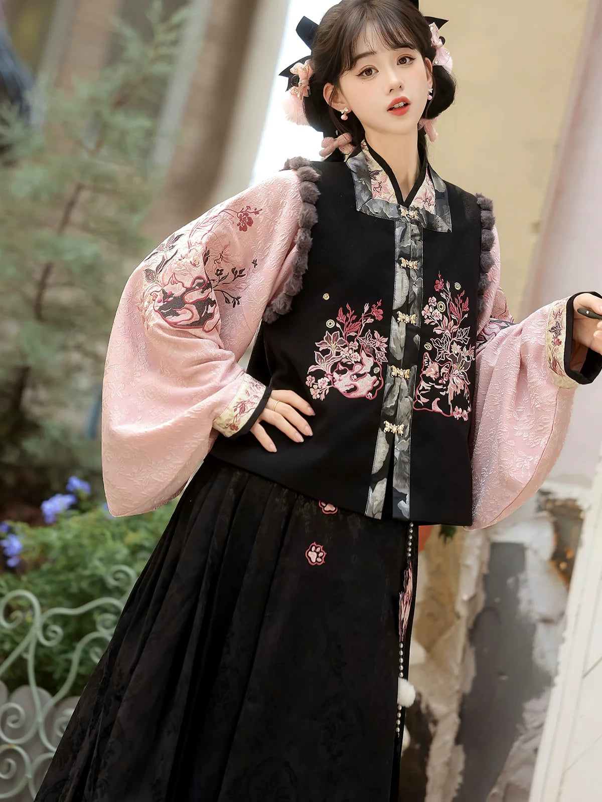 Painted Grace 粉墨千金 - Modern Hanfu Set with Cross-Collar Top, Vest, and Mamian Skirt, Daily New Chinese Style Outfit (Preorder)