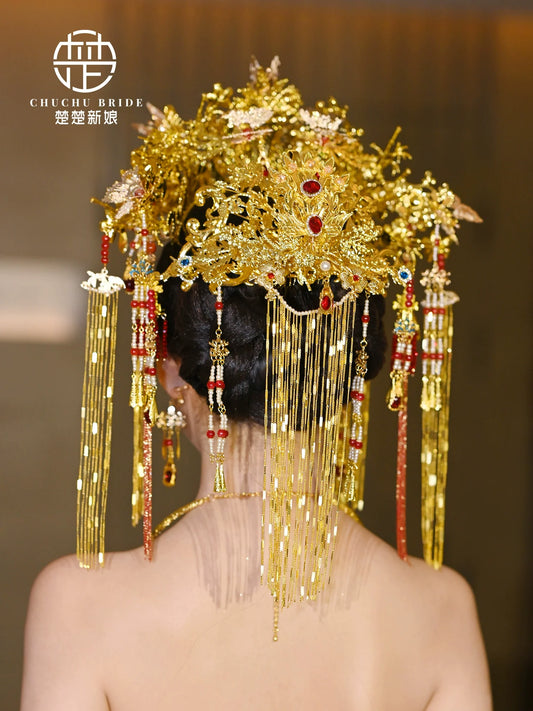 Golden Phoenix Charm - Traditional Chinese Hanfu Crown Luxury Gold Bridal Phoenix Tiara for Wedding Ceremony