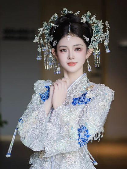 Ocean Petals - Blue Floral Tassel Bridal Hairpin New Chinese Wedding Hair Accessories for Xiuhe, Hanfu, and Cheongsam Bride