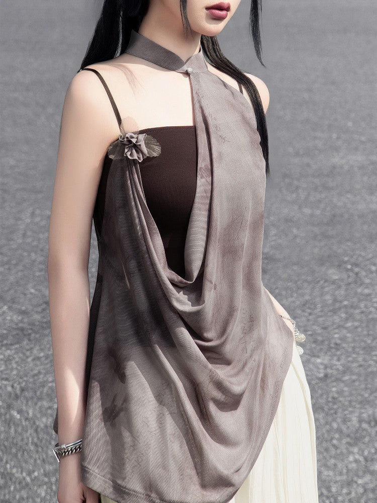 New Chinese Style Camisole and Cheongsam Halter Neck Top - Qianka 浅咖 (Preorder)