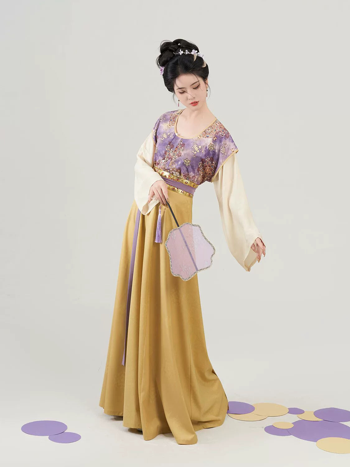 Tang Dynasty Modern Hanfu Set with Beizi Overlay & Flowing Eight-Panel Skirt - Taro Paste Egg Yolk 芋泥蛋黄 (Preorder)