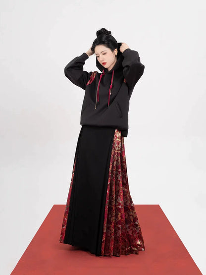 New Chinese Style Chinese Festivals Set Red Hooded Sweatshirt & Mamianqun - Such Deer 如芒在鹿 (Preorder)