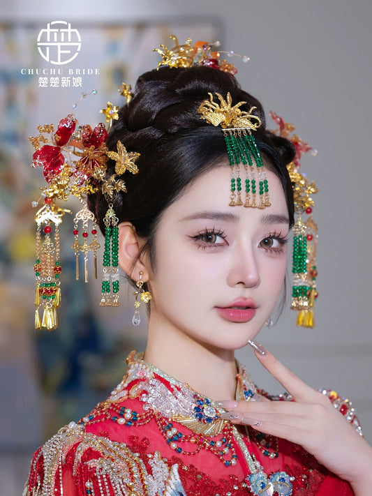 Jade Rose Charm - Red Green Contrast Hanfu Bridal Hairpin Phoenix Crown for Traditional Xiuhe Wedding Style