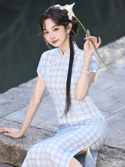 Short Sleeve Checkered Midi Cheongsam | Literature