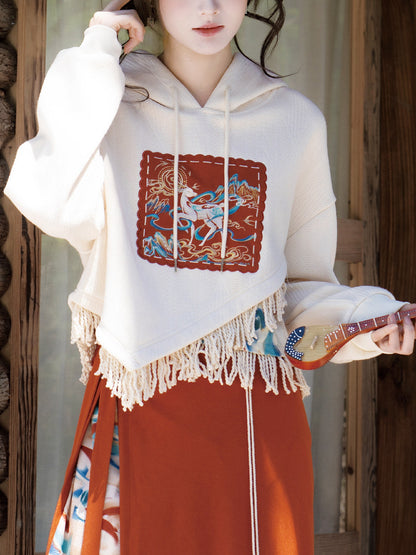 New Chinese Dunhuang Style Hooded Sweater and Wrap Skirt - Singing Deer 鹿鸣