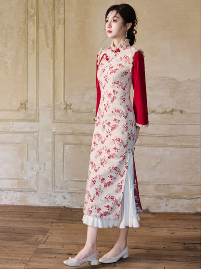 Long Sleeve Fur Trim Midi Qipao | Rose Petals