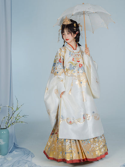 Ming Dynasty Wedding Hanfu Set with Brocade Round Collar Robe & Mamian Skirt | Gilded Grace 鎏金