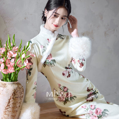 Long Sleeve Fur Trim Long Qipao | Shuying