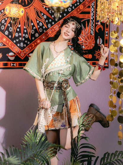 New Chinese Style Dunhuang Summer Blouse and Short Skirt Set - Linglu Sanskrit 菱路梵音