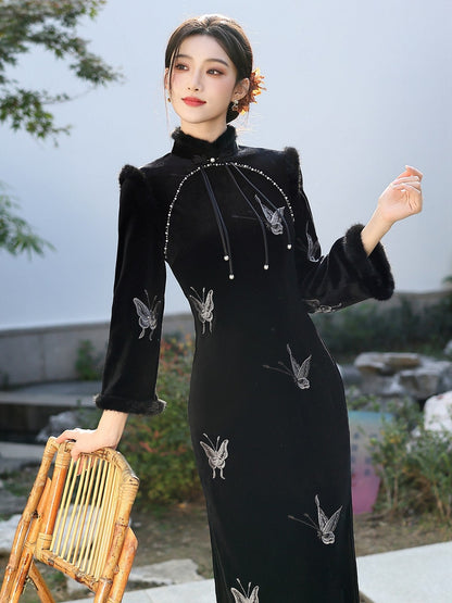 Long Sleeve Fur Trim Midi Qipao | Sliver Butterfly