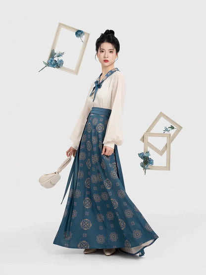 Tang Dynasty Modern Hanfu Set with Beizi Overlay & Flowing Nine-Panel Skirt - Dailan 黛蓝 (Preorder)