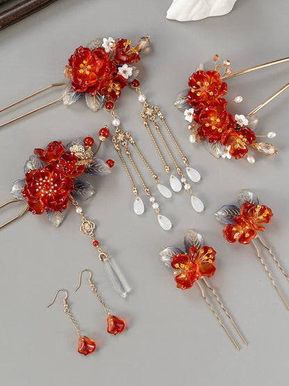 Festive Red Blossom Hair Accessories Hanfu Hairpin & Tassel Set for Traditional Hairstyles