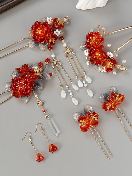Festive Red Blossom Hair Accessories Hanfu Hairpin & Tassel Set for Traditional Hairstyles