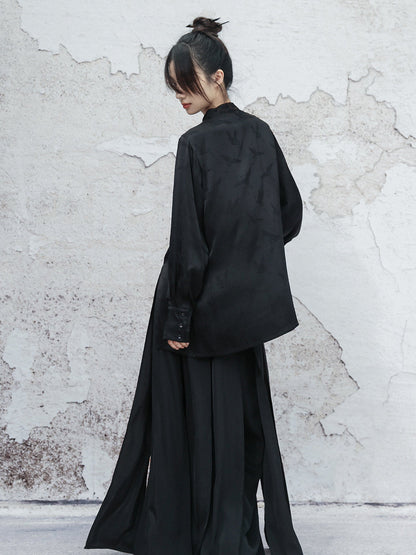 New Chinese Style Satin Crane Dark Pattern Long Sleeve Top - Ciyunjian 辞云间