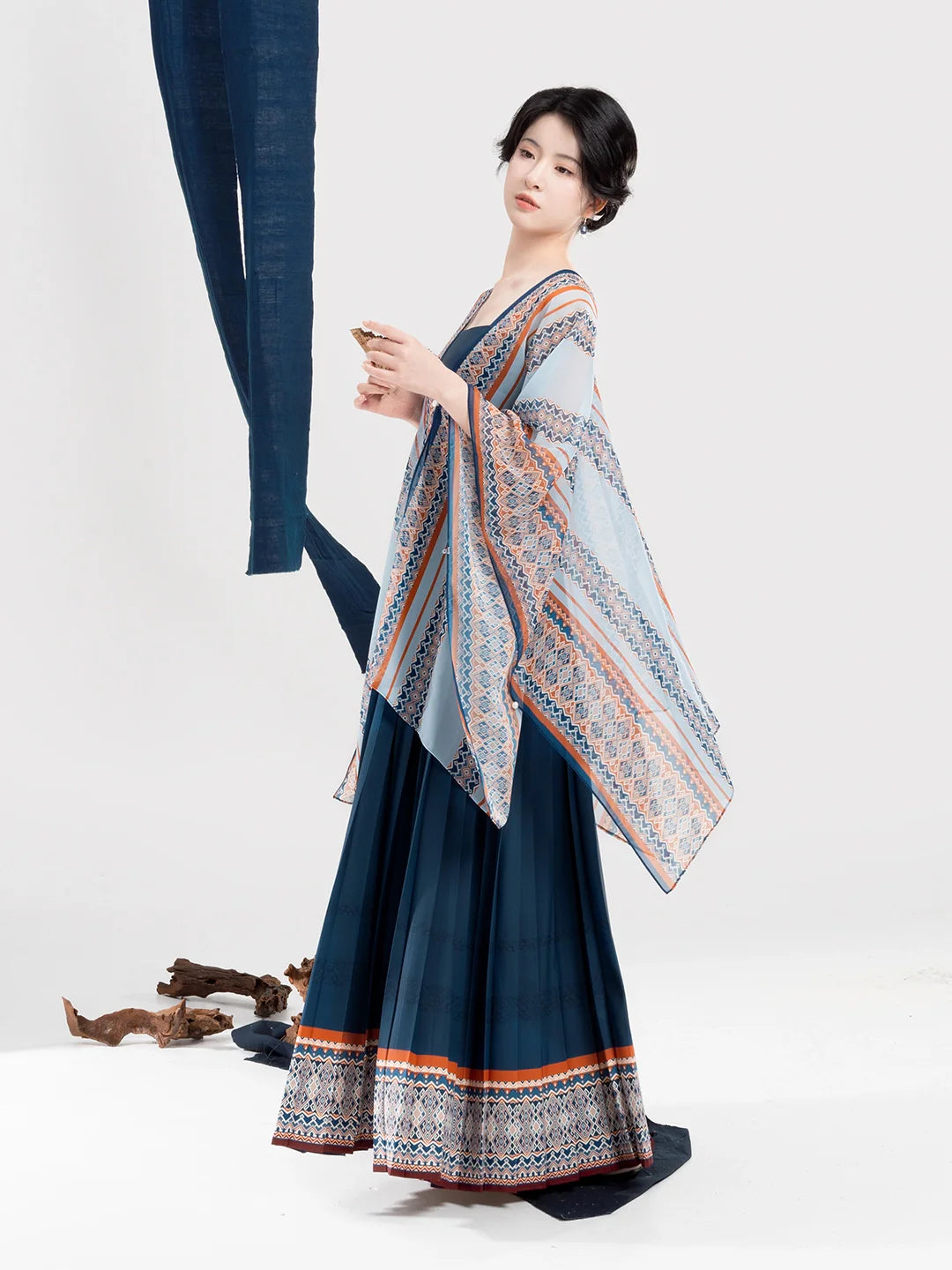 New Chinese Style Women Dong Ethnic Bird-Motif Light Blue Shawl & Pleated Slip Dress - To The Clouds 赴云端 (Preorder)