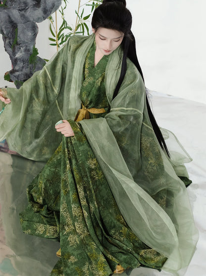 Zhuyu 竹玉 - Green Song Dynasty Hanfu Bamboo Leaf Print Beizi Robe & Pants Set
