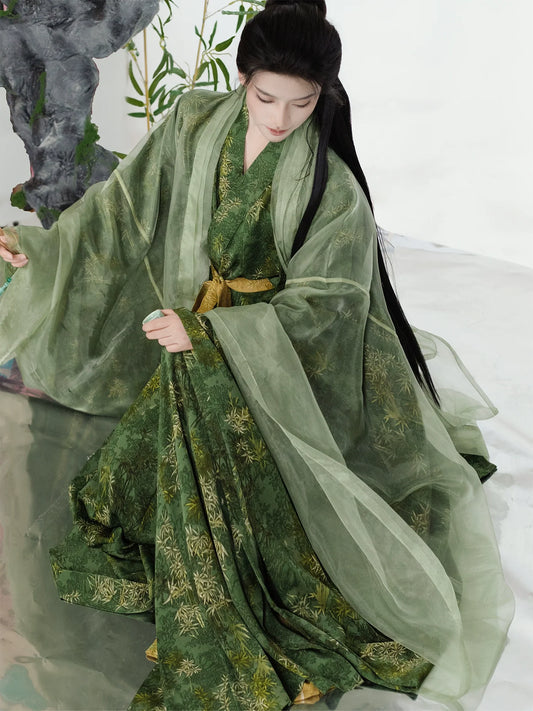 Zhuyu 竹玉 - Green Song Dynasty Hanfu Bamboo Leaf Print Beizi Robe & Pants Set